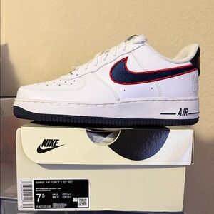 Nike White Low-Top Sneakers with Navy and Red Swoosh